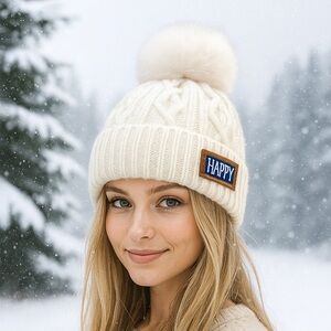 Women's Knit Beanie Hat with Pom Pom–Winter Warm Cable Knit Cap White HAPPY mt39